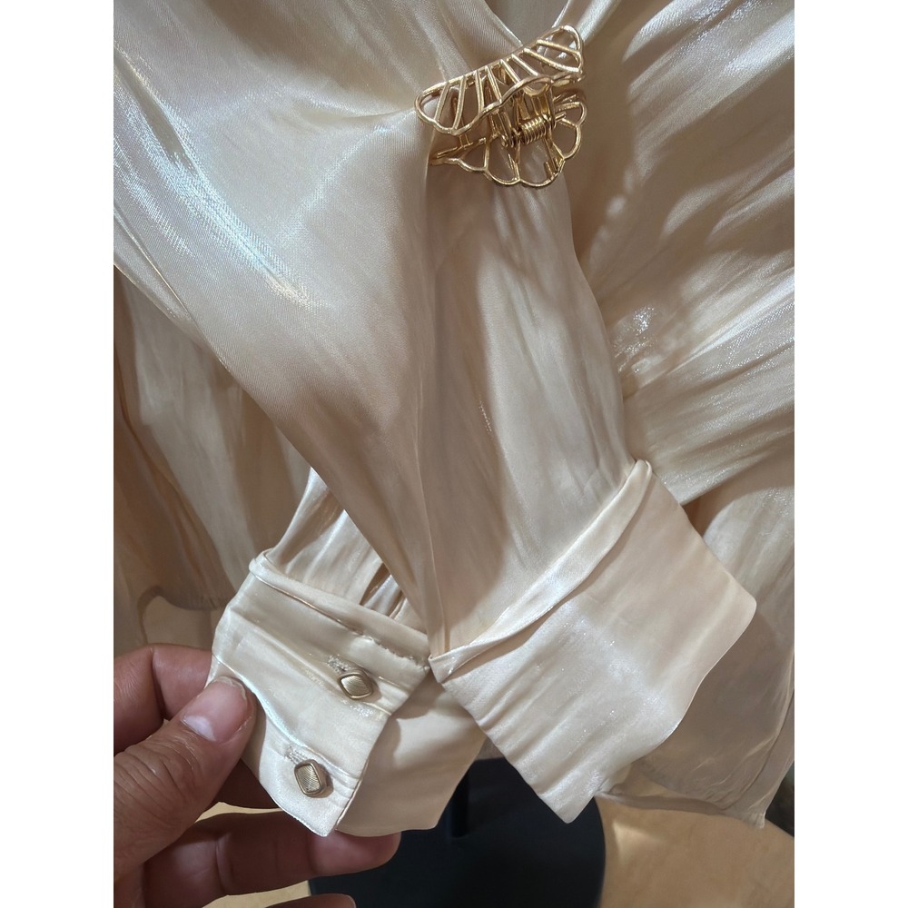 Pulz Champagne Satin Button Down Blouse Pleated Shoulder Long Sleeve XS - Picture 5 of 5